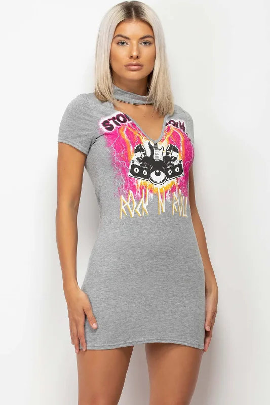 Grey Rock N Roll Choker Neck T Shirt Dress