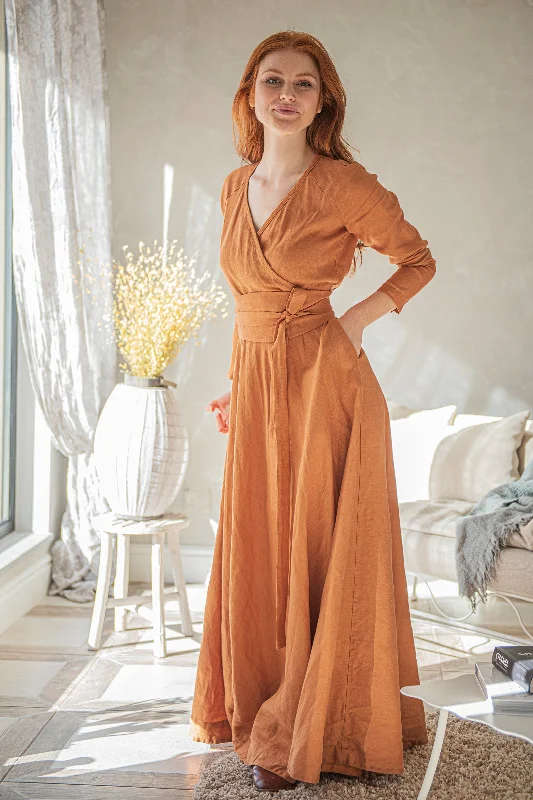 Heavy Linen Wrap Dress with Waist Belt