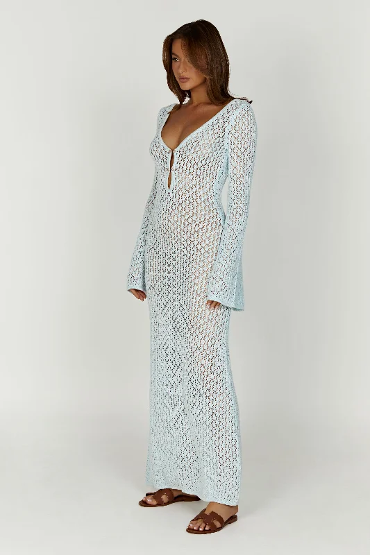 Kayleigh Crochet Fishtail Flare Sleeve Maxi Dress - Arctic Blue