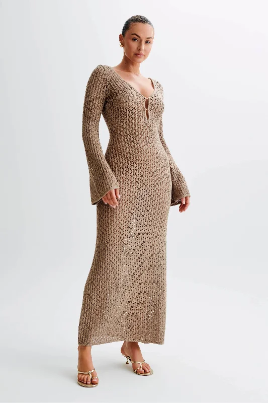 Kayleigh Crochet Fishtail Flare Sleeve Maxi Dress - Taupe