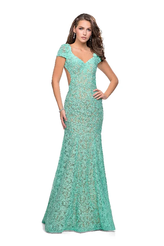 La Femme Long Lace Mermaid Prom Dress