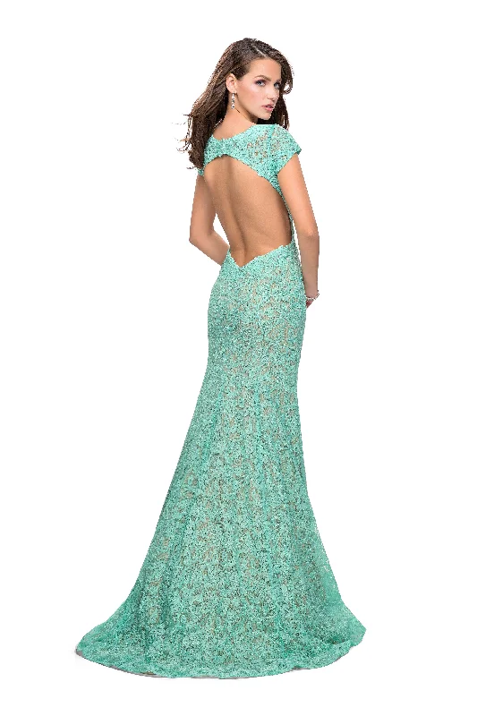 La Femme Long Lace Mermaid Prom Dress