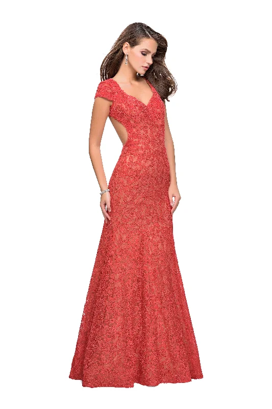 La Femme Long Lace Mermaid Prom Dress