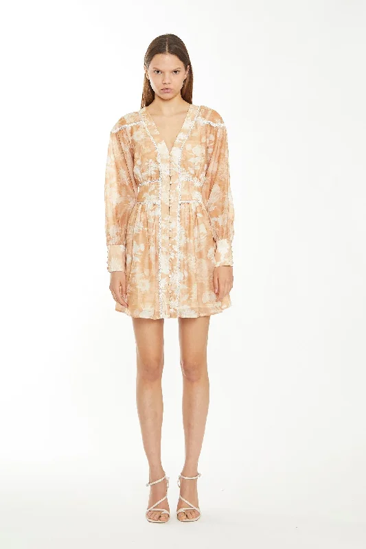 Tan White Floral Button-Through Mini-Dress