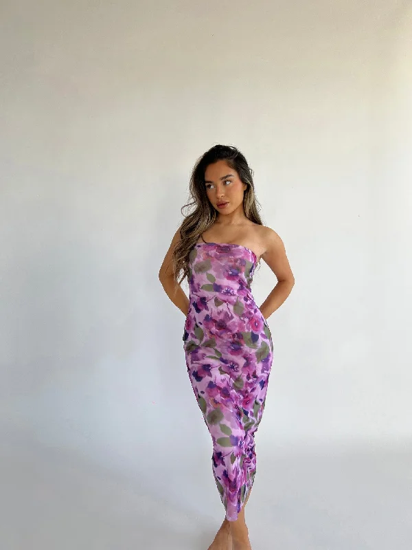 Blurred-Purple Floral Bandeau Midaxi-Dress