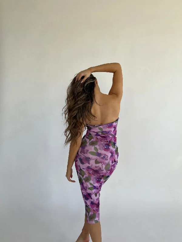 Blurred-Purple Floral Bandeau Midaxi-Dress