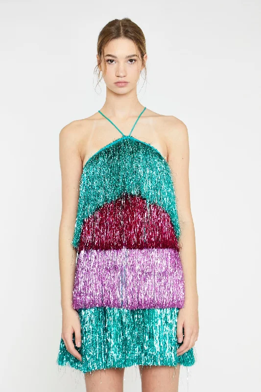 Pink Teal Purple Tinsel Fringe Halterneck Mini-Dress