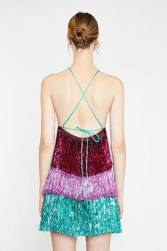 Pink Teal Purple Tinsel Fringe Halterneck Mini-Dress