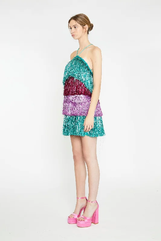 Pink Teal Purple Tinsel Fringe Halterneck Mini-Dress