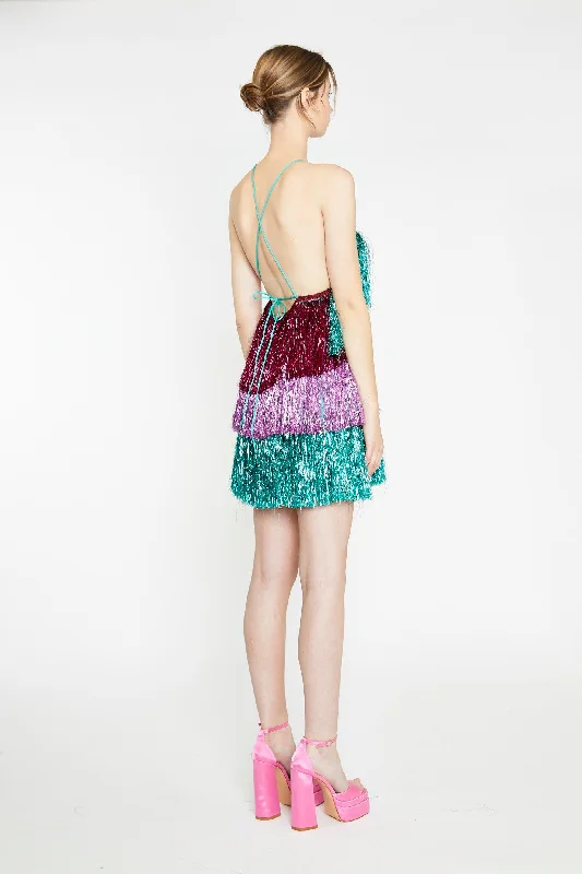 Pink Teal Purple Tinsel Fringe Halterneck Mini-Dress