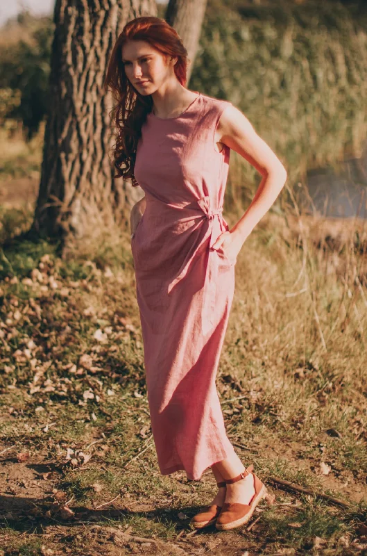 Linen Dress with Ruched Tie Detail