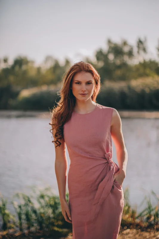 Linen Dress with Ruched Tie Detail