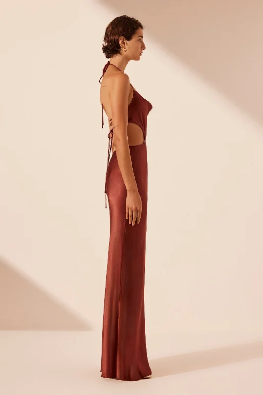 LINO ASYMMETRICAL COWL TIE MAXI DRESS - MAHOGANY