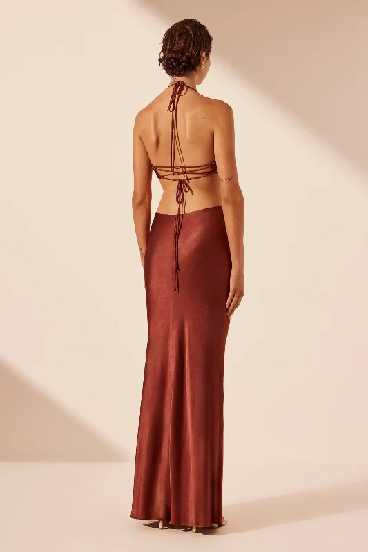 LINO ASYMMETRICAL COWL TIE MAXI DRESS - MAHOGANY