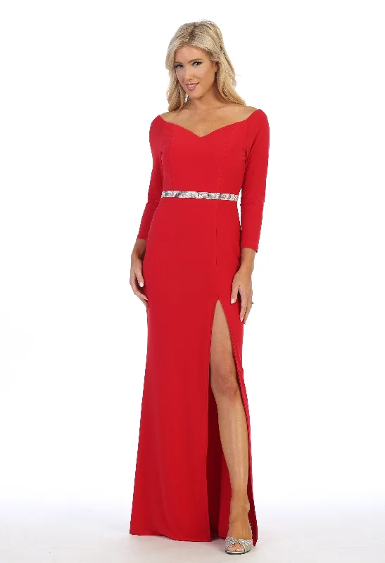 Long Sleeved V-Neck Gown with Side Slit by Celavie 6410