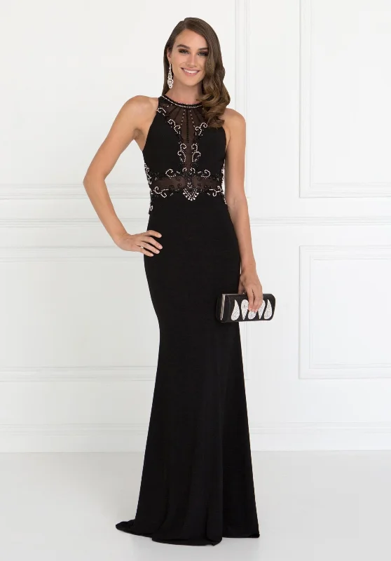 Long Sleeveless Beaded Illusion Dress by Elizabeth K GL2298