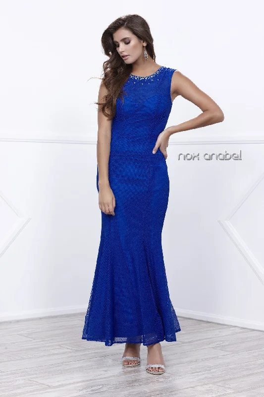 Long Sleeveless Beaded Mesh Dress by Nox Anabel 8259