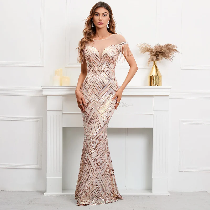 Mesh Shoulders Sequin Maxi Dresses