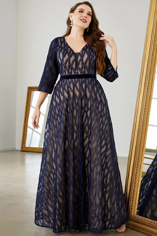 Navy A-Line Plus Size V-Neck Prom Dress