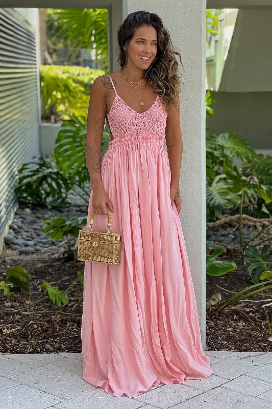 Pink Crochet Top Maxi Dress With Open Back and Frayed Hem