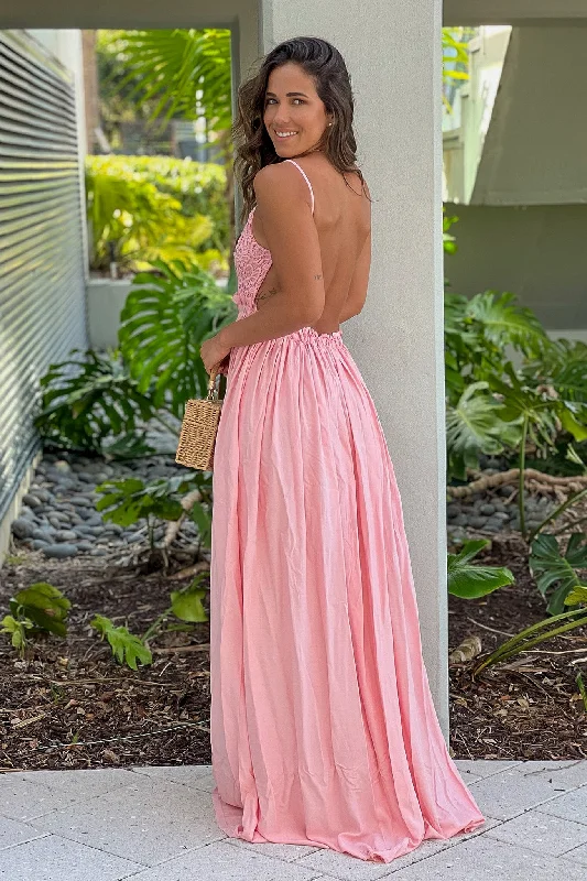 Pink Crochet Top Maxi Dress With Open Back and Frayed Hem