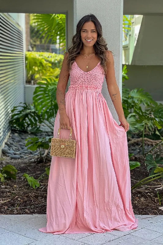 Pink Crochet Top Maxi Dress With Open Back and Frayed Hem