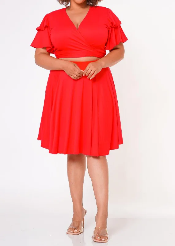 Hi Curvy Plus Size Women Ruffle Sleeve Wrap Blouse & Flare Skirt Set