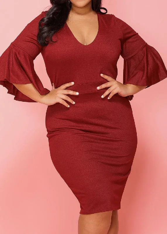 HI Curvy Plus Size Women V-Neck Bell Sleeve Cocktail Dress