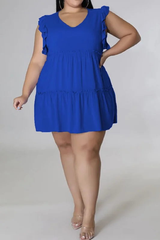 HI Curvy Plus Size Women V-Neck Frill Trim Mini Dress