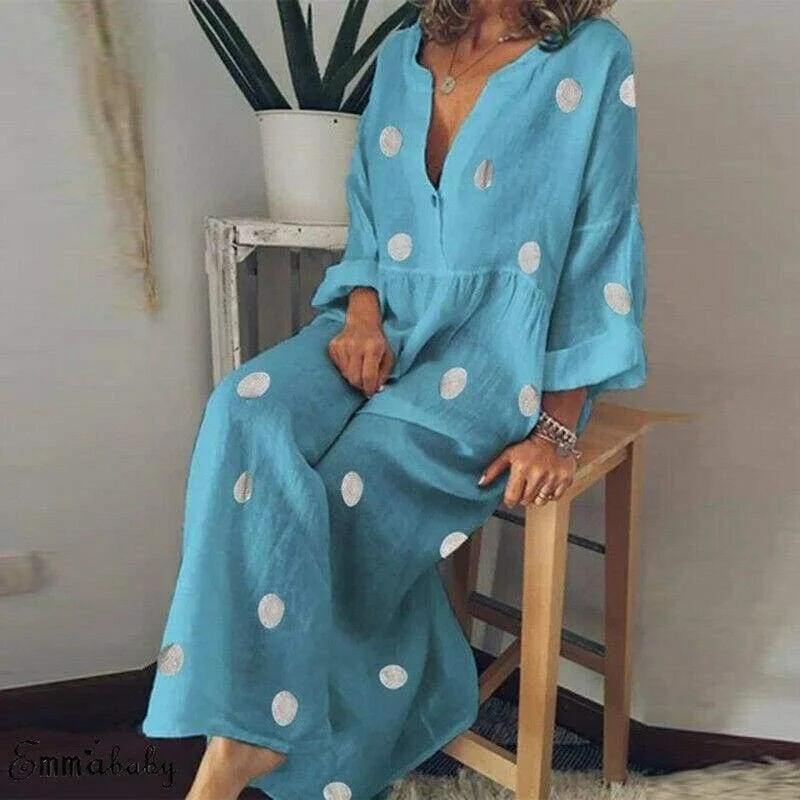 FashionSierra - Plus Size Women Boho V-neck Long Shirt Dress Ladies Long Sleeve Casual Summer Holiday Polka Dot Loose Maxi Dress