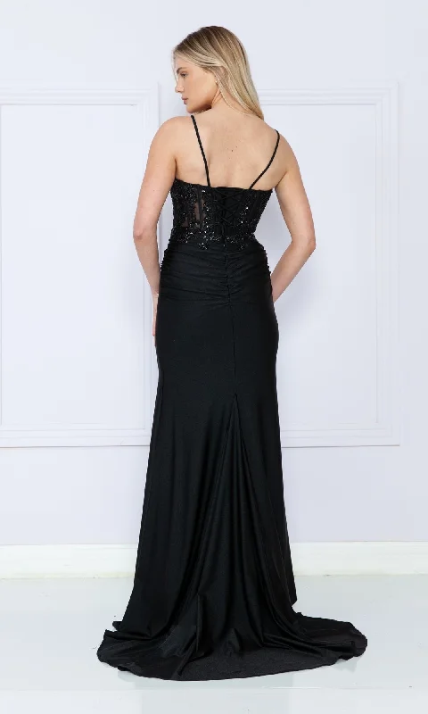 Sheer-Bodice Long V-Neck Prom Dress 9138