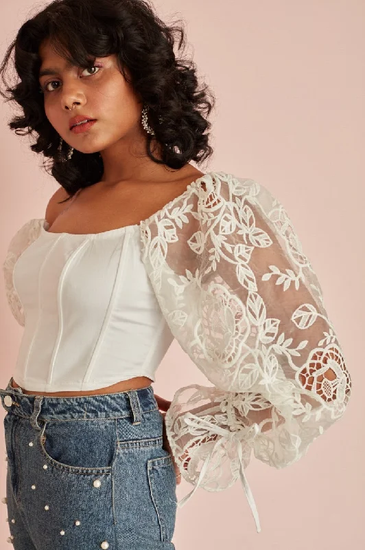 Sasha Embroidered Organza Sleeve Corset Top