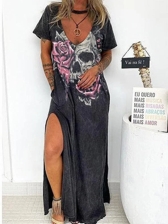 Skull Print V-neck Short Sleeve Loose Slit Dress for Women