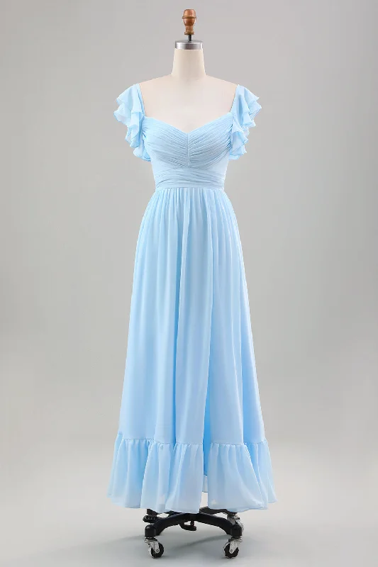 Sky Blue A Line Chiffon Wedding Guest Dress with Ruffle Sleeves