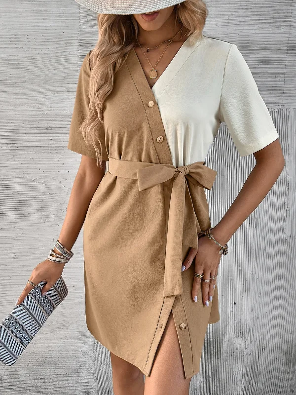 Slit Versatile And Trendy Casual Stitching Short Sleeve Mini Dress