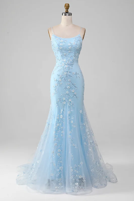 Sparkly Light Blue Beaded Mermaid Long Prom Dress