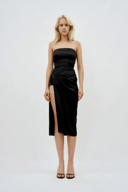 Strapless Ruched Black Midi Dress