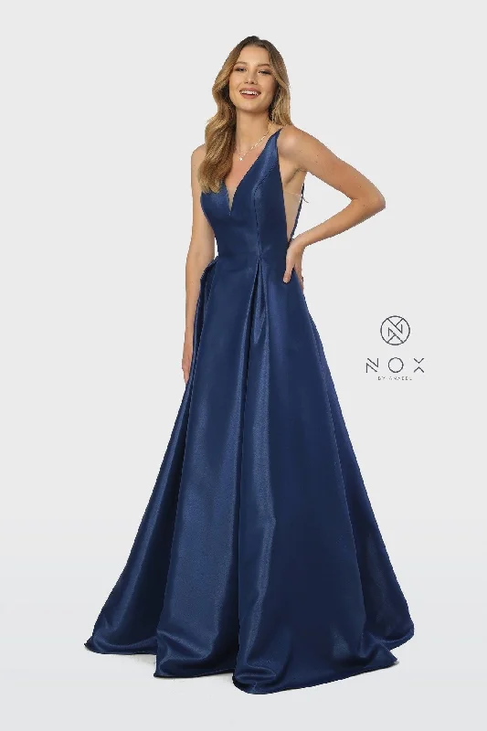 Long V-Neck Taffeta Dress by Nox Anabel E156