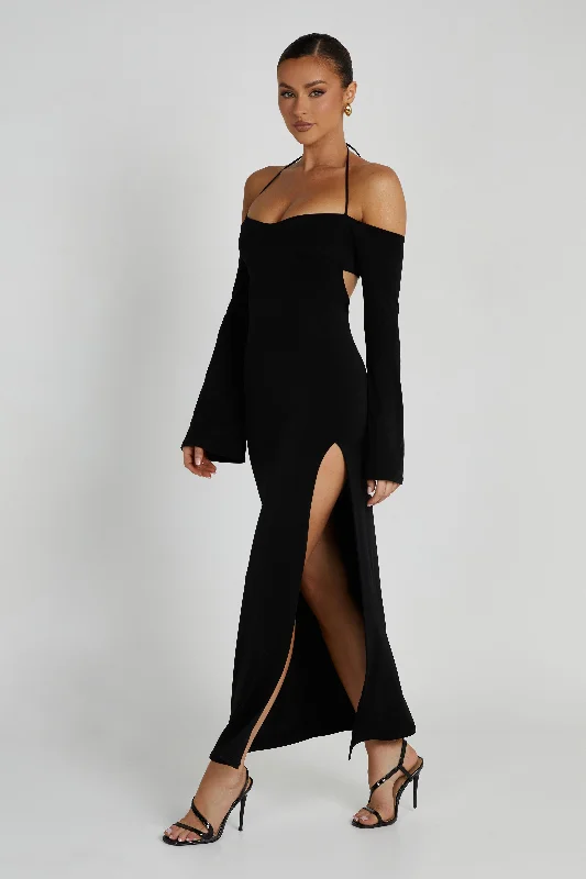 Tia Slinky Off Shoulder Maxi Dress - Black