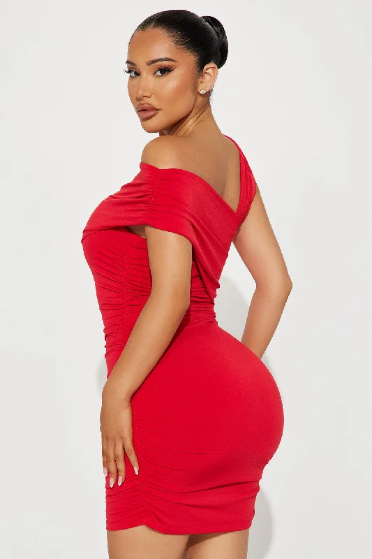 Trace One Shoulder Mini Dress - Red