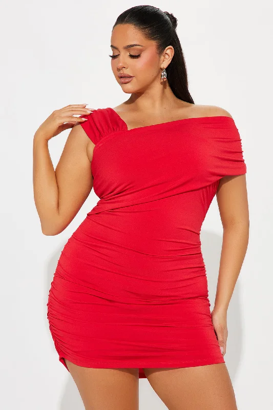 Trace One Shoulder Mini Dress - Red