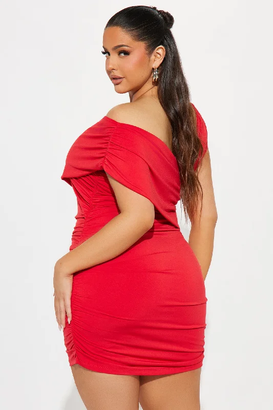 Trace One Shoulder Mini Dress - Red