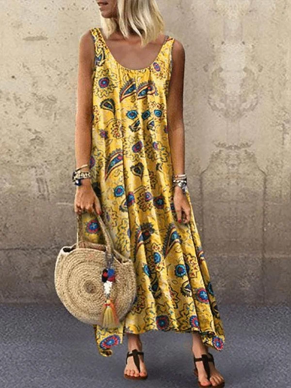 Vacation Print Round Neck Sleeveless Dress