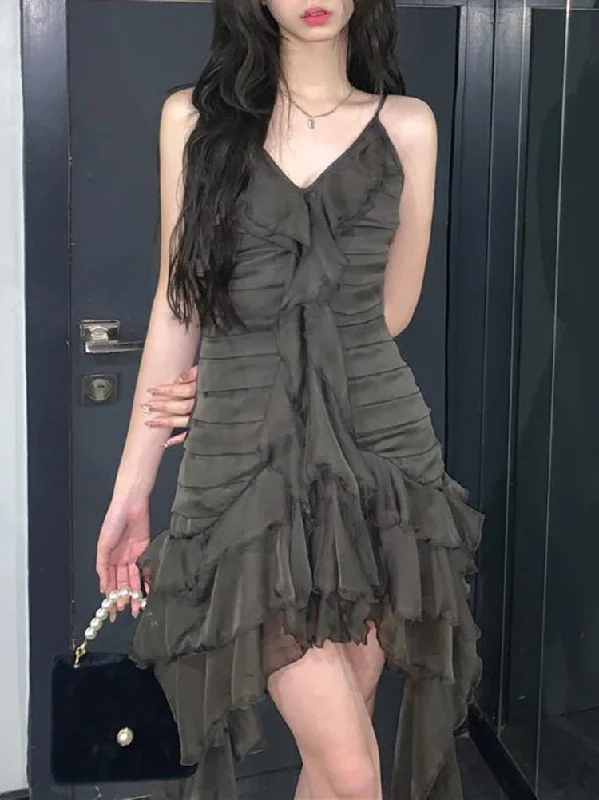 Gothic Grunge Ruffles V-neck Irregular Spaghetti Strap Mini Dress