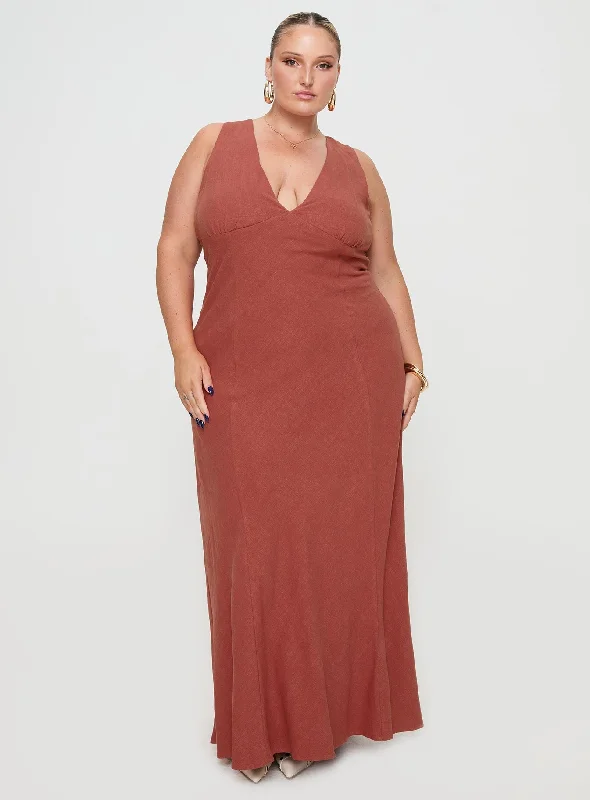 Verde Linen Blend Maxi Dress Burnt Rust Curve