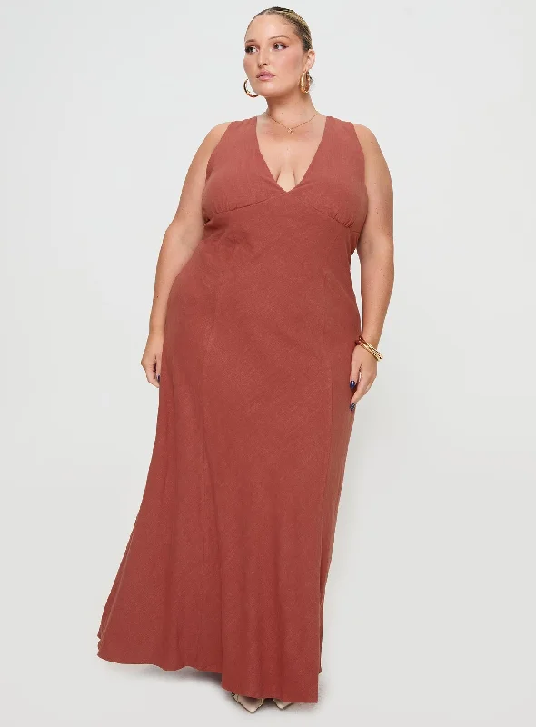 Verde Linen Blend Maxi Dress Burnt Rust Curve