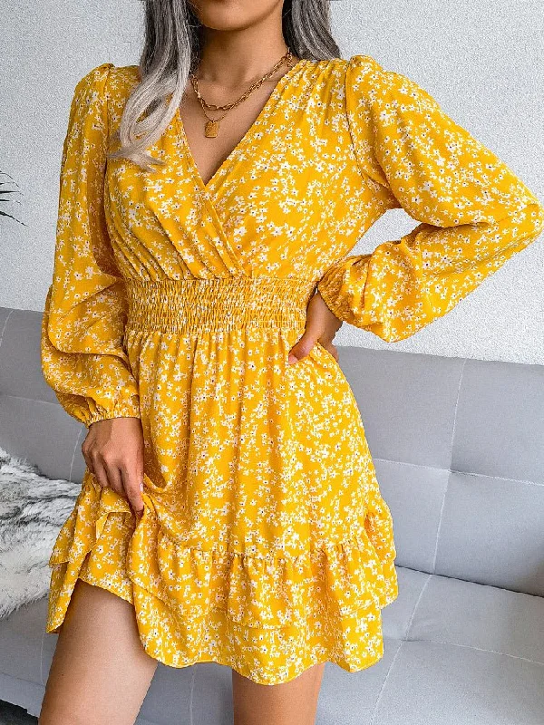 Sexy Floral Chiffon Elastic Waist Mini Dress