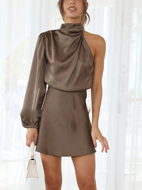 Solid Color Fashion One Shoulder Long Sleeved Mini Dress