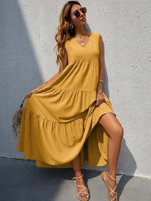 V Neck Solid Color Sleeveless Maxi Dress