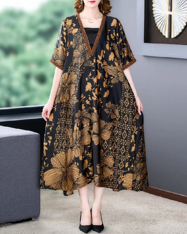 Women's summer V-neck loose print fake two piece style dress